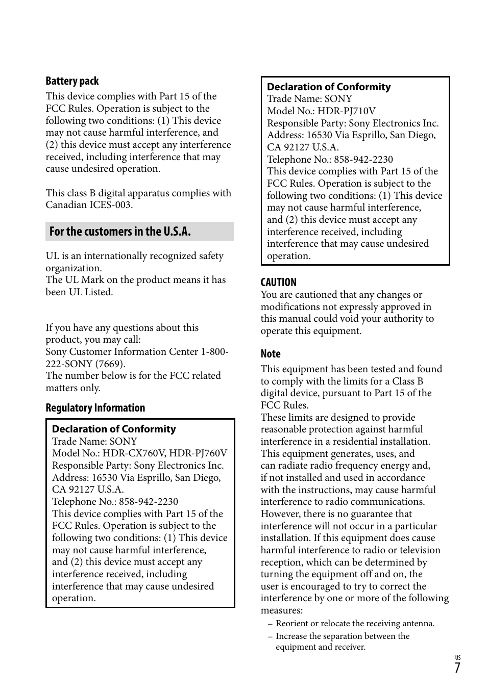 For the customers in the u.s.a | Sony HDR-PJ710V User Manual | Page 7 / 191