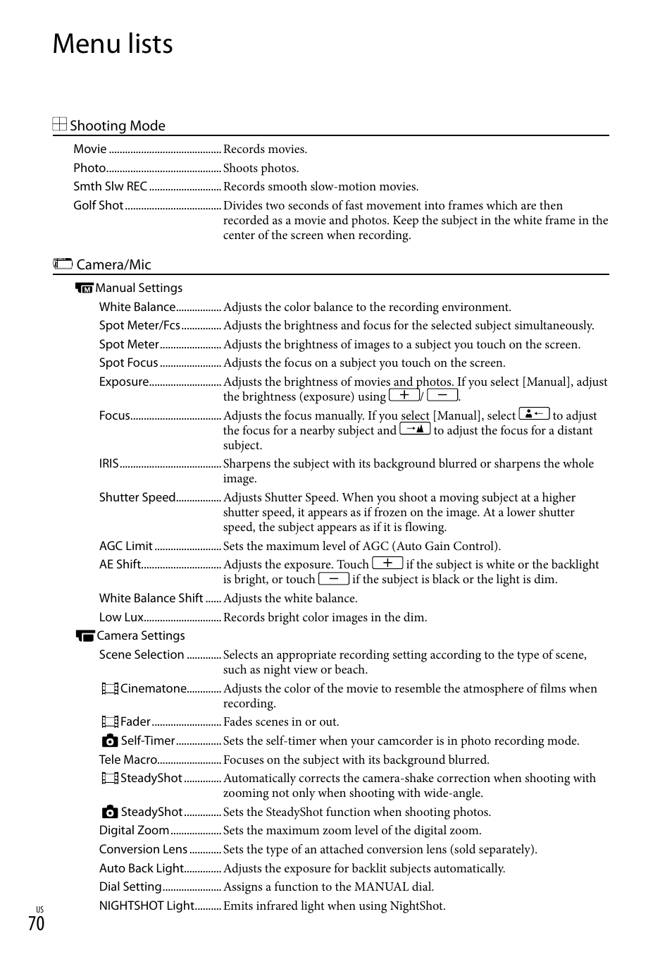 Menu lists | Sony HDR-PJ710V User Manual | Page 70 / 191