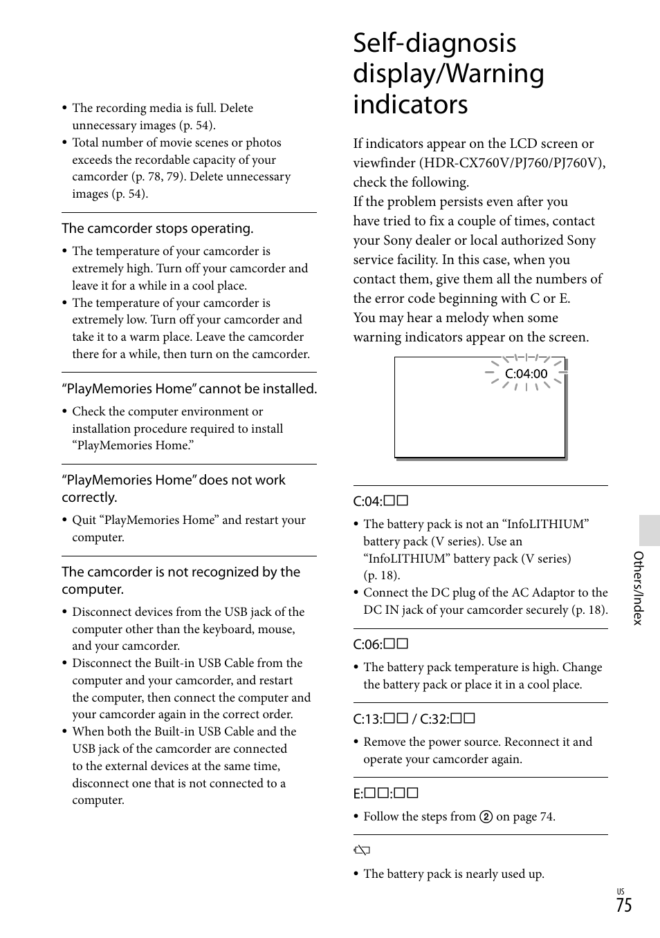 Self-diagnosis display/warning indicators | Sony HDR-PJ710V User Manual | Page 75 / 191