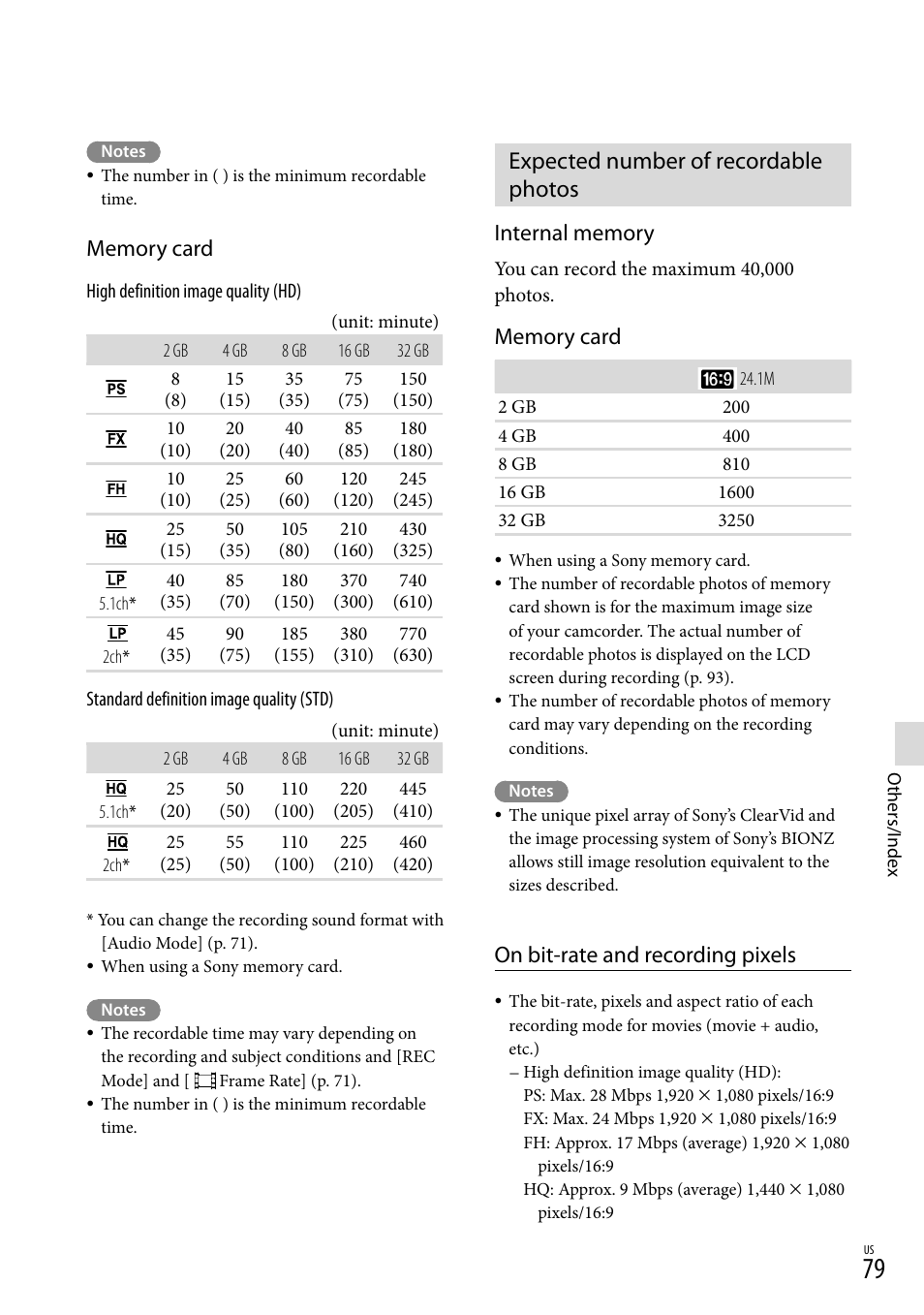 Expected number of recordable photos, On bit-rate and recording pixels | Sony HDR-PJ710V User Manual | Page 79 / 191