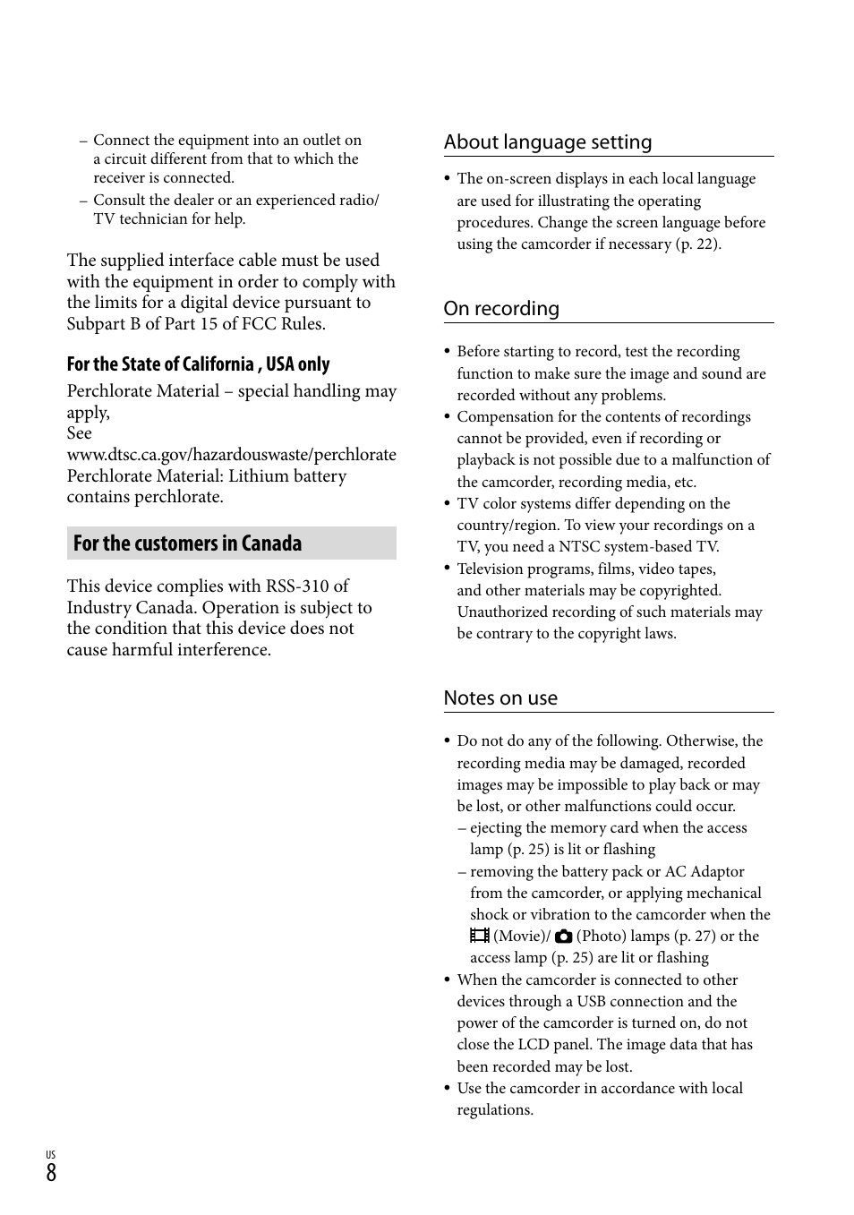 For the customers in canada, For the state of california , usa only, About language setting | On recording | Sony HDR-PJ710V User Manual | Page 8 / 191