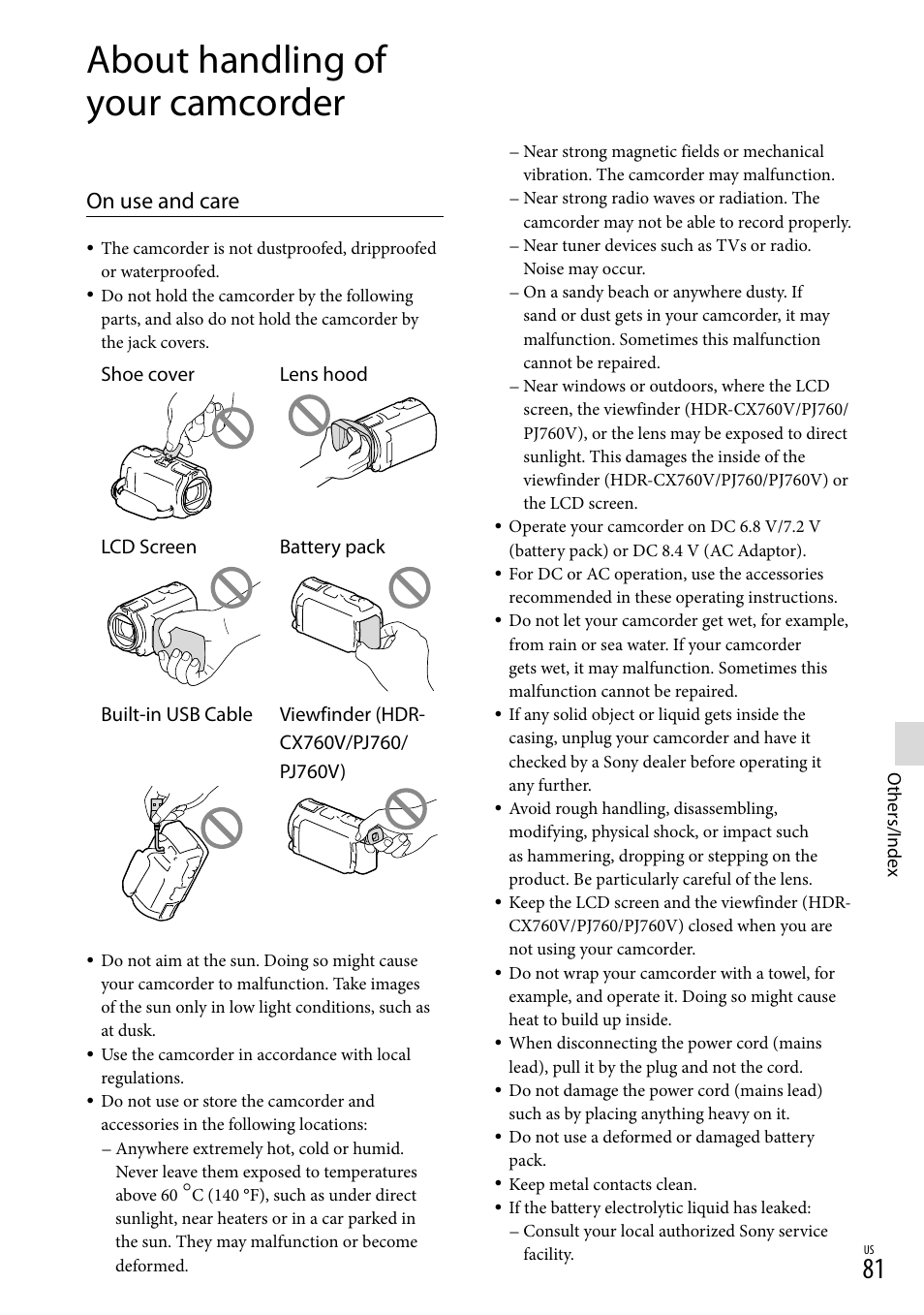 About handling of your camcorder, On use and care | Sony HDR-PJ710V User Manual | Page 81 / 191