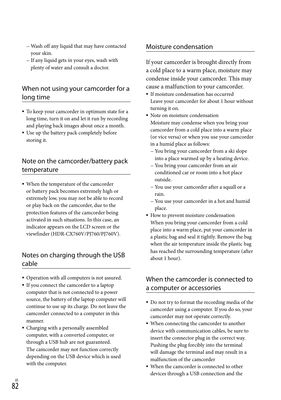 When not using your camcorder for a long time, Moisture condensation | Sony HDR-PJ710V User Manual | Page 82 / 191