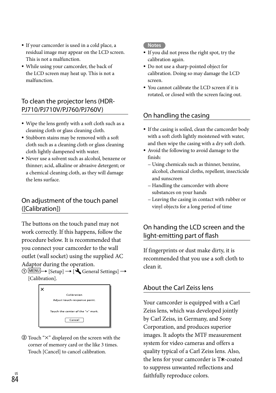 On adjustment of the touch panel ([calibration]), On handling the casing, About the carl zeiss lens | Sony HDR-PJ710V User Manual | Page 84 / 191