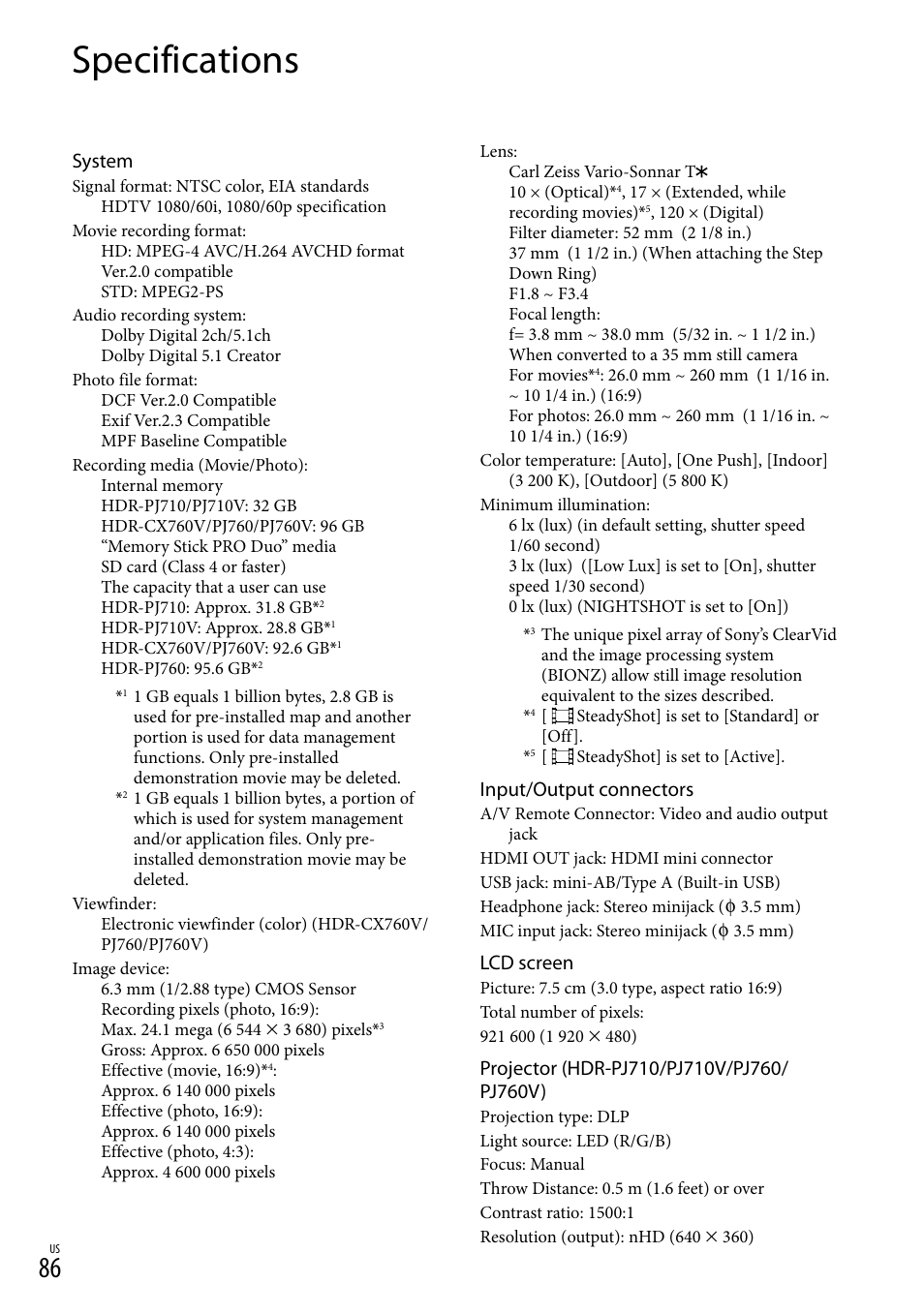 Specifications, System, Input/output connectors | Lcd screen | Sony HDR-PJ710V User Manual | Page 86 / 191