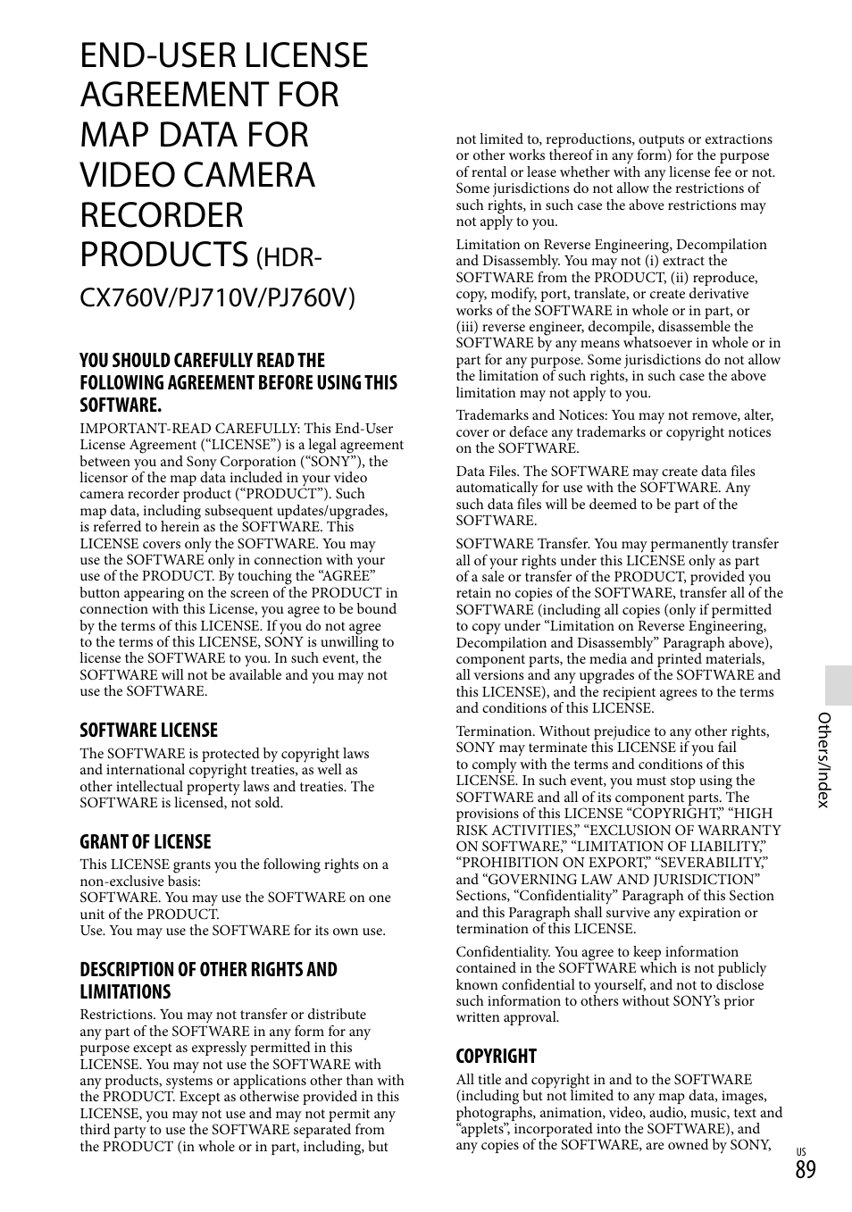 Recorder products (hdr-cx760v/pj710v/pj760v), Software license, Grant of license | Description of other rights and limitations, Copyright | Sony HDR-PJ710V User Manual | Page 89 / 191