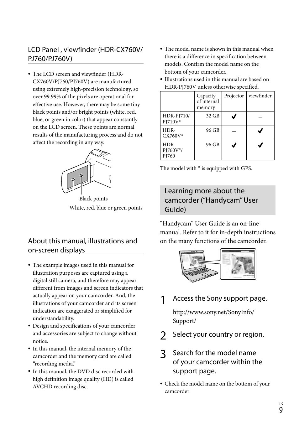 Access the sony support page, Select your country or region | Sony HDR-PJ710V User Manual | Page 9 / 191