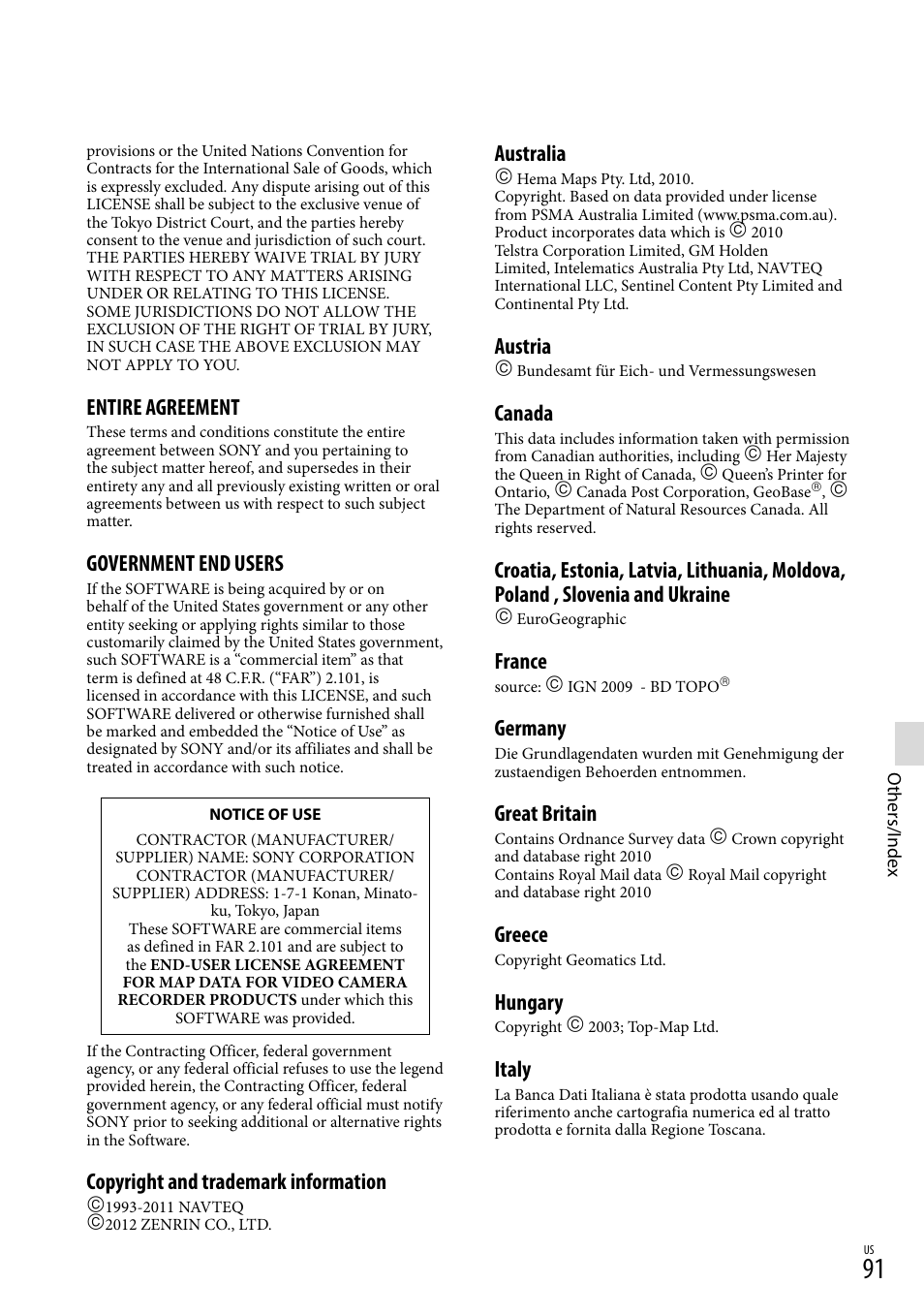 Entire agreement, Government end users, Copyright and trademark information | Australia, Austria, Canada, France, Germany, Great britain, Greece | Sony HDR-PJ710V User Manual | Page 91 / 191