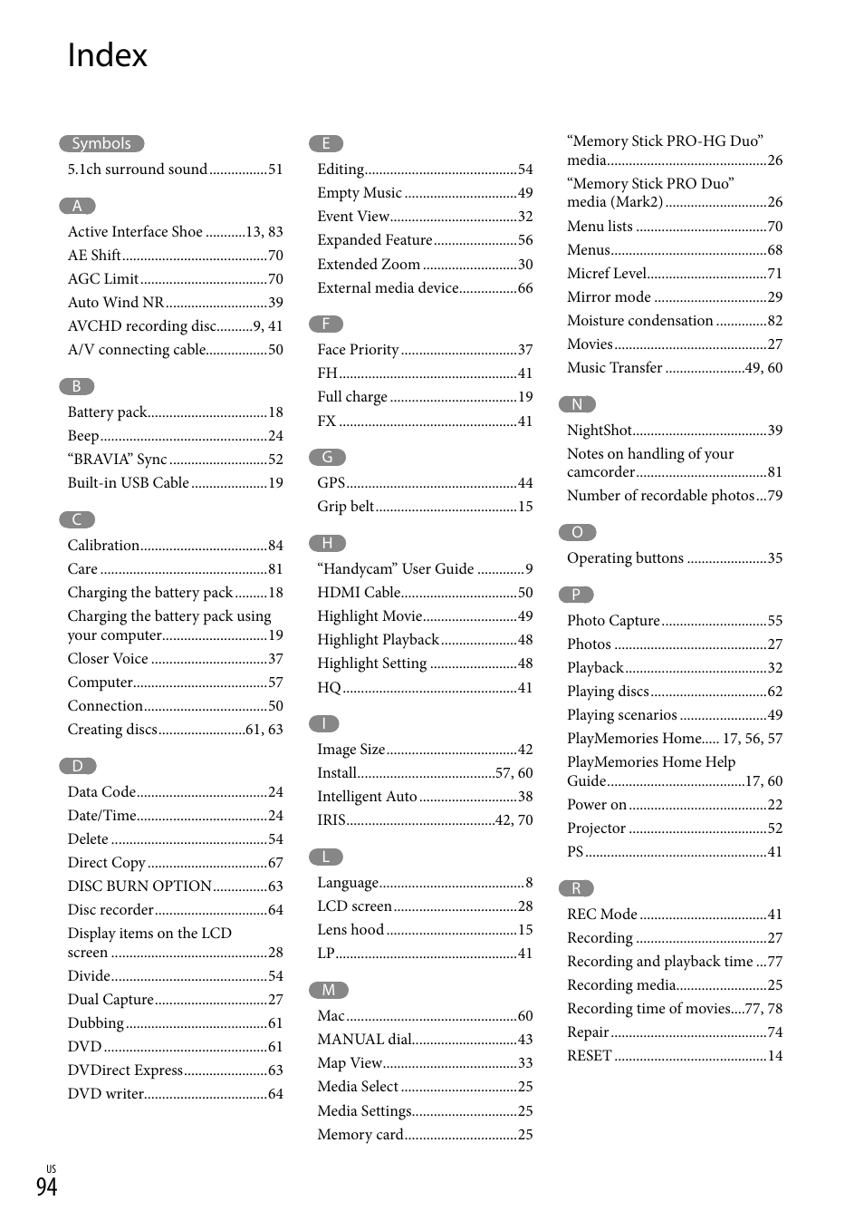 Index | Sony HDR-PJ710V User Manual | Page 94 / 191