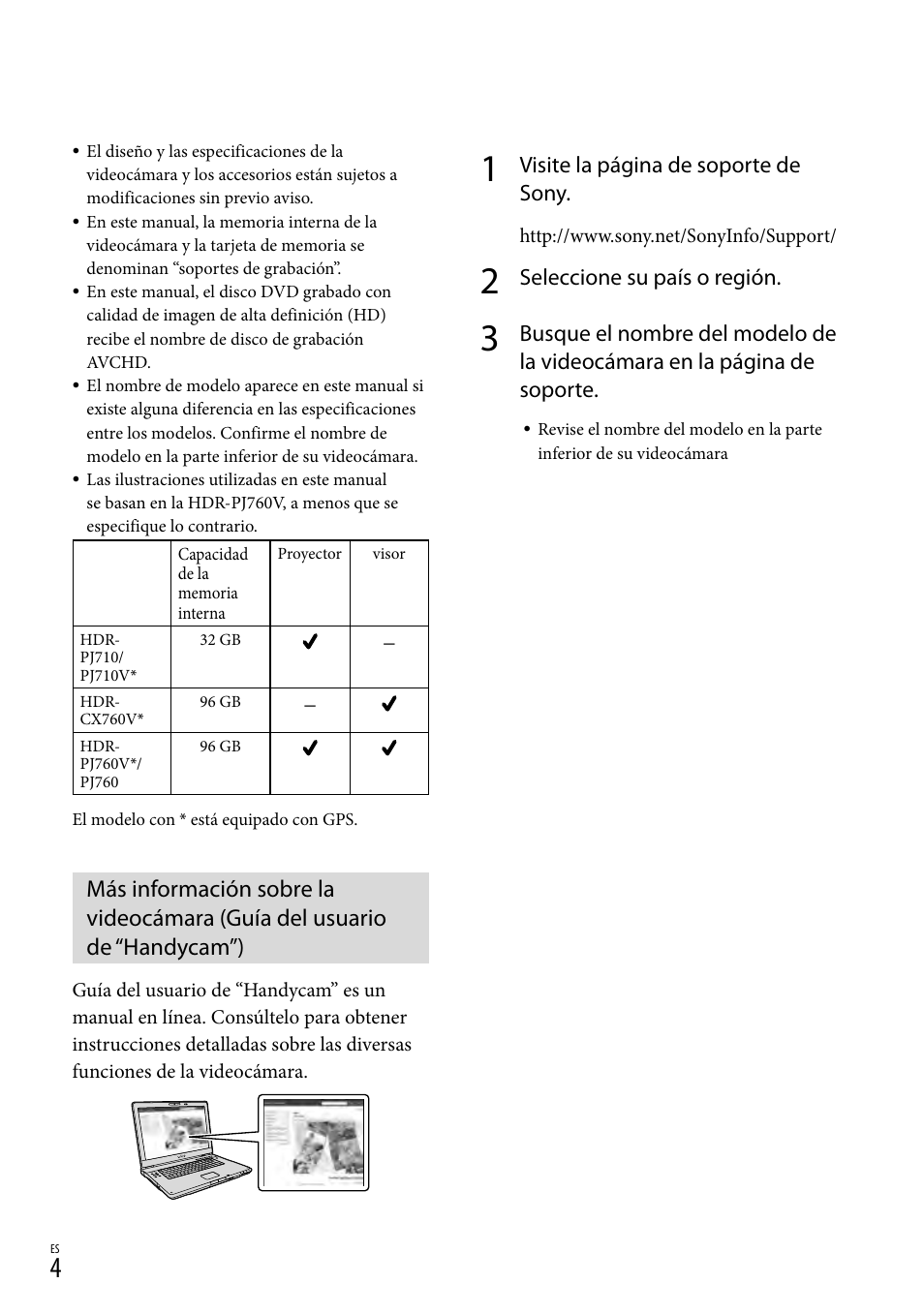 Visite la página de soporte de sony, Seleccione su país o región | Sony HDR-PJ710V User Manual | Page 98 / 191