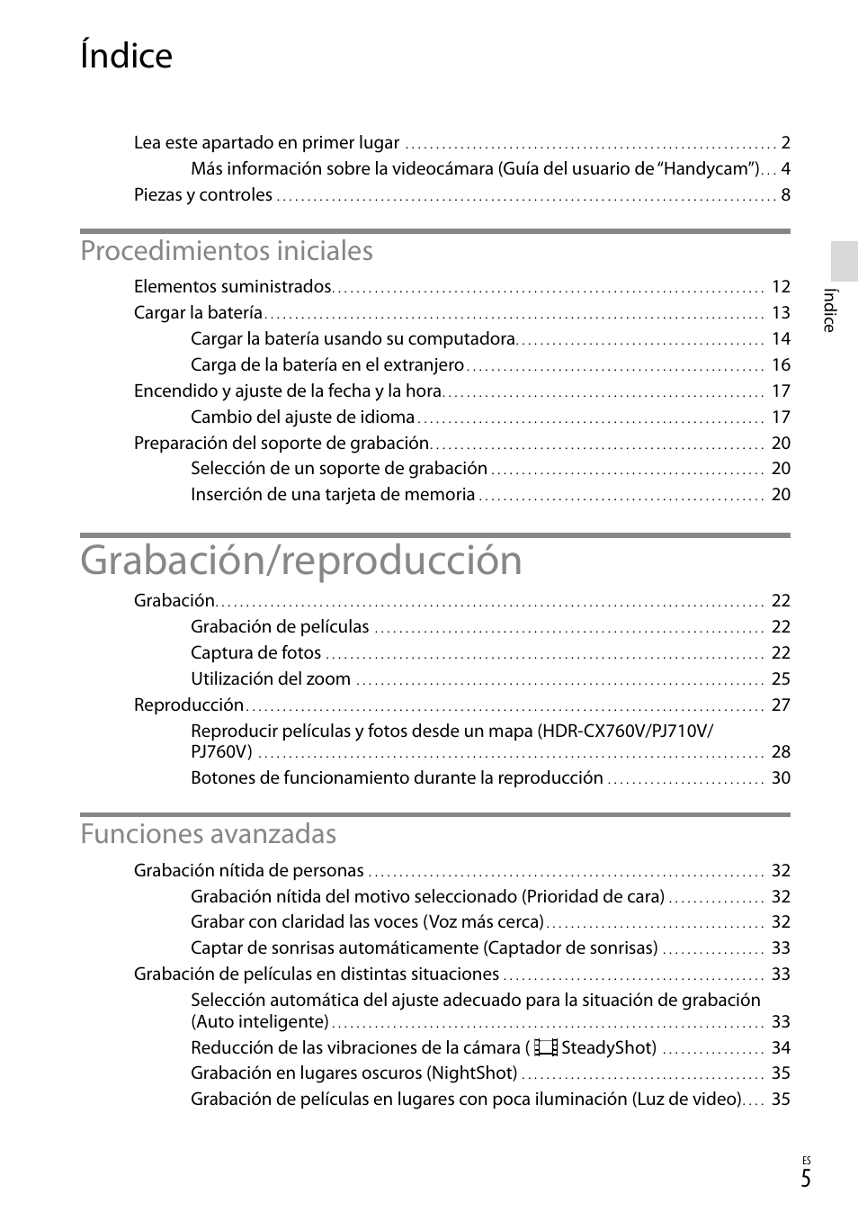 Índice, Grabación/reproducción, Procedimientos iniciales | Funciones avanzadas | Sony HDR-PJ710V User Manual | Page 99 / 191