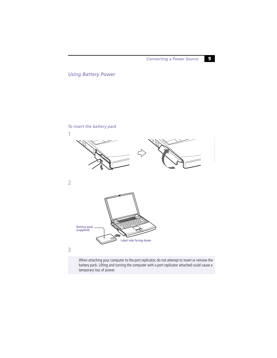 Using battery power, To insert the battery pack | Sony PCG-F390 User Manual | Page 19 / 97