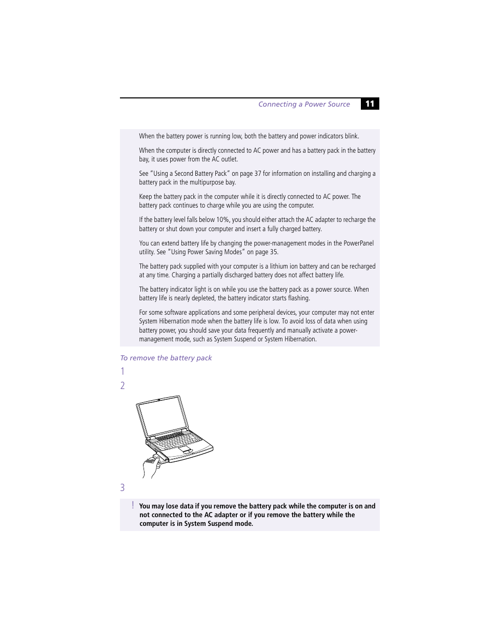 To remove the battery pack | Sony PCG-F390 User Manual | Page 21 / 97