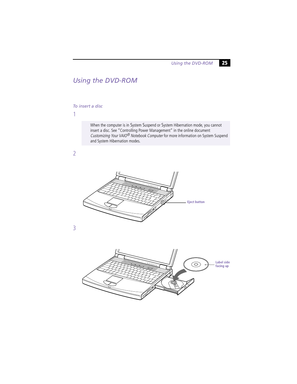 Using the dvd-rom, To insert a disc | Sony PCG-F390 User Manual | Page 35 / 97