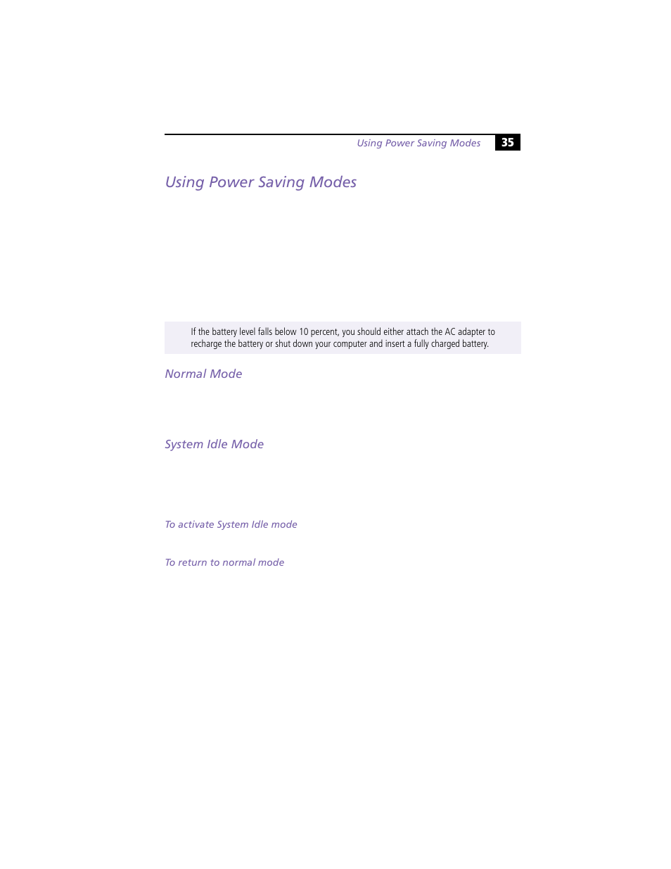 Using power saving modes, Normal mode, System idle mode | To activate system idle mode, To return to normal mode | Sony PCG-F390 User Manual | Page 45 / 97