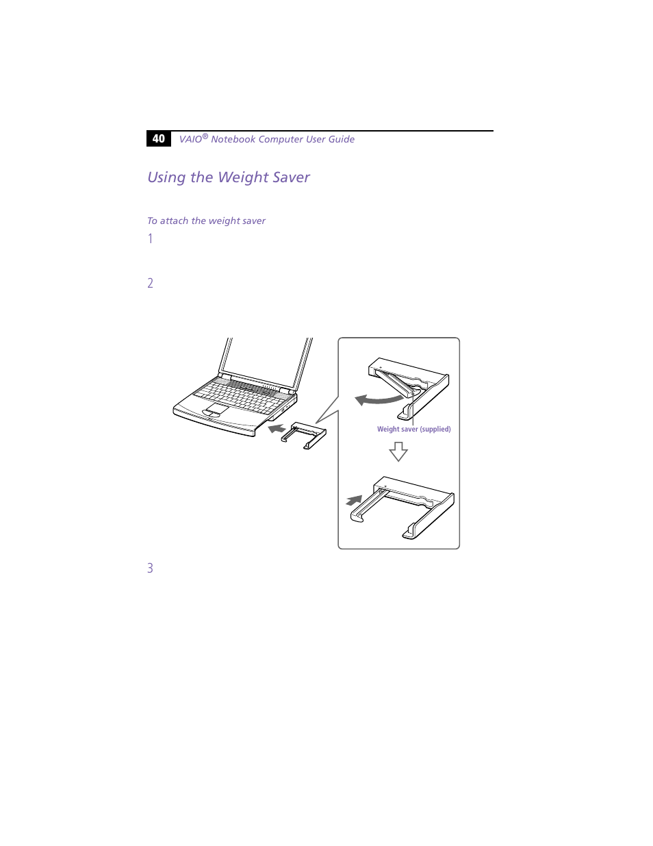 Using the weight saver, To attach the weight saver | Sony PCG-F390 User Manual | Page 50 / 97