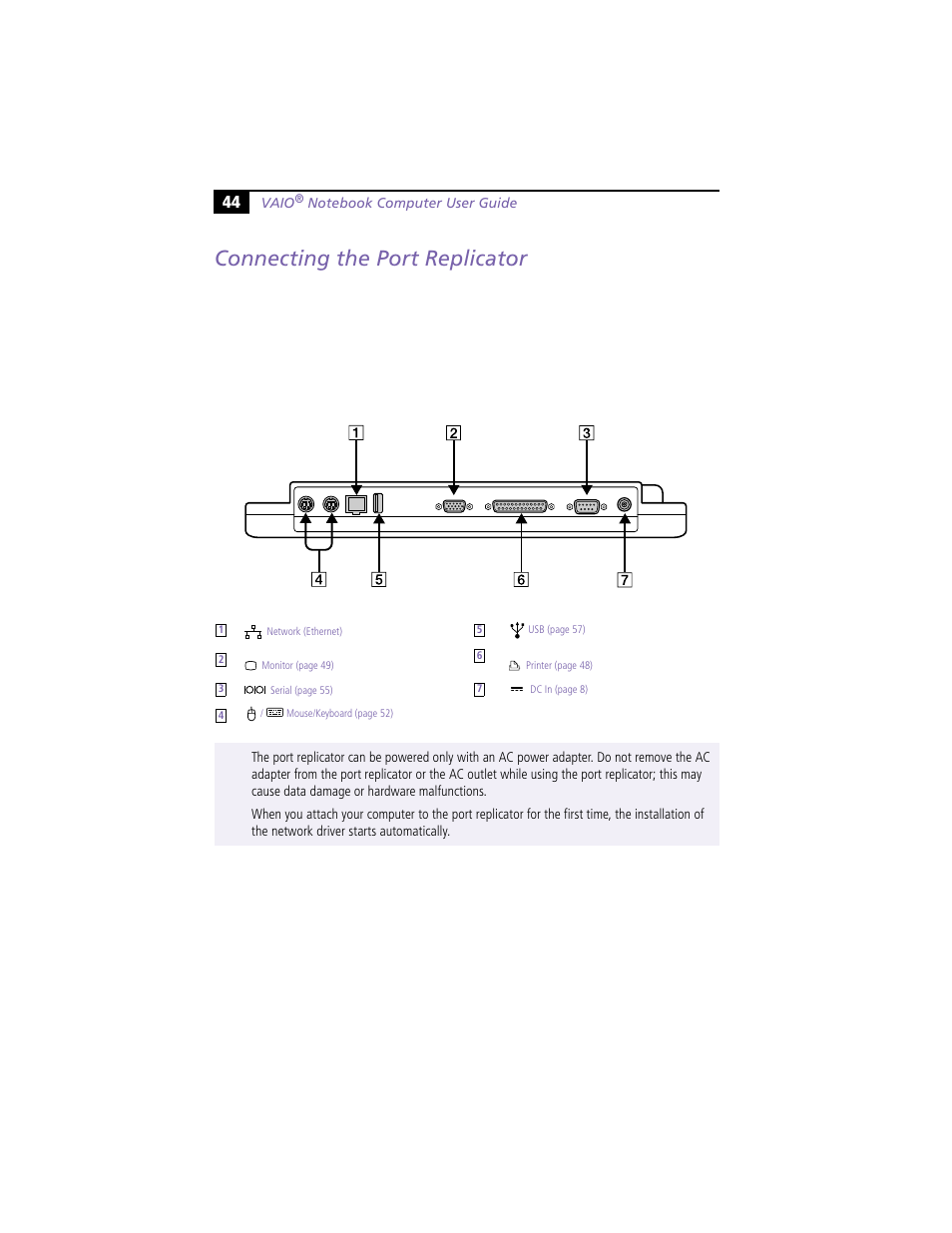 Connecting the port replicator | Sony PCG-F390 User Manual | Page 54 / 97