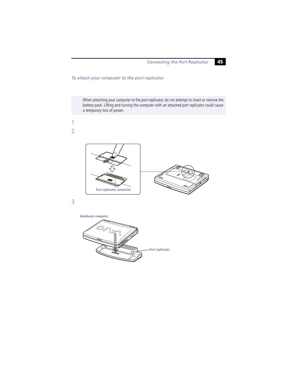 To attach your computer to the port replicator | Sony PCG-F390 User Manual | Page 55 / 97