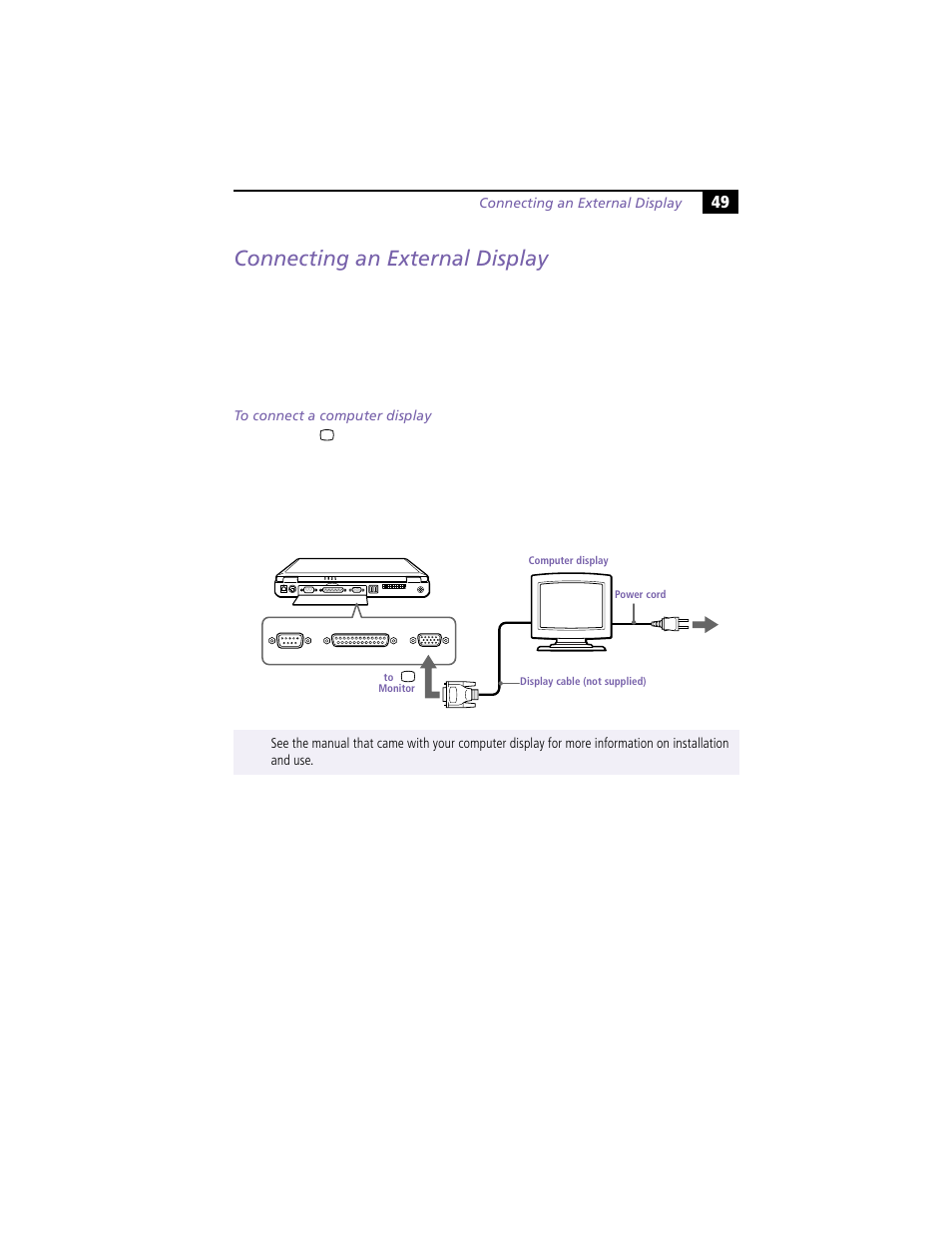 Connecting an external display, To connect a computer display | Sony PCG-F390 User Manual | Page 59 / 97