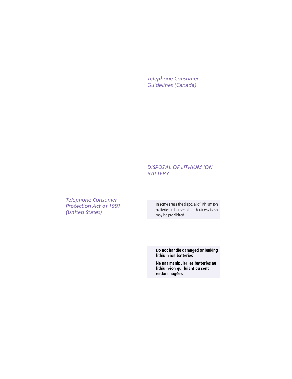 Telephone consumer guidelines (canada), Disposal of lithium ion battery | Sony PCG-F390 User Manual | Page 6 / 97