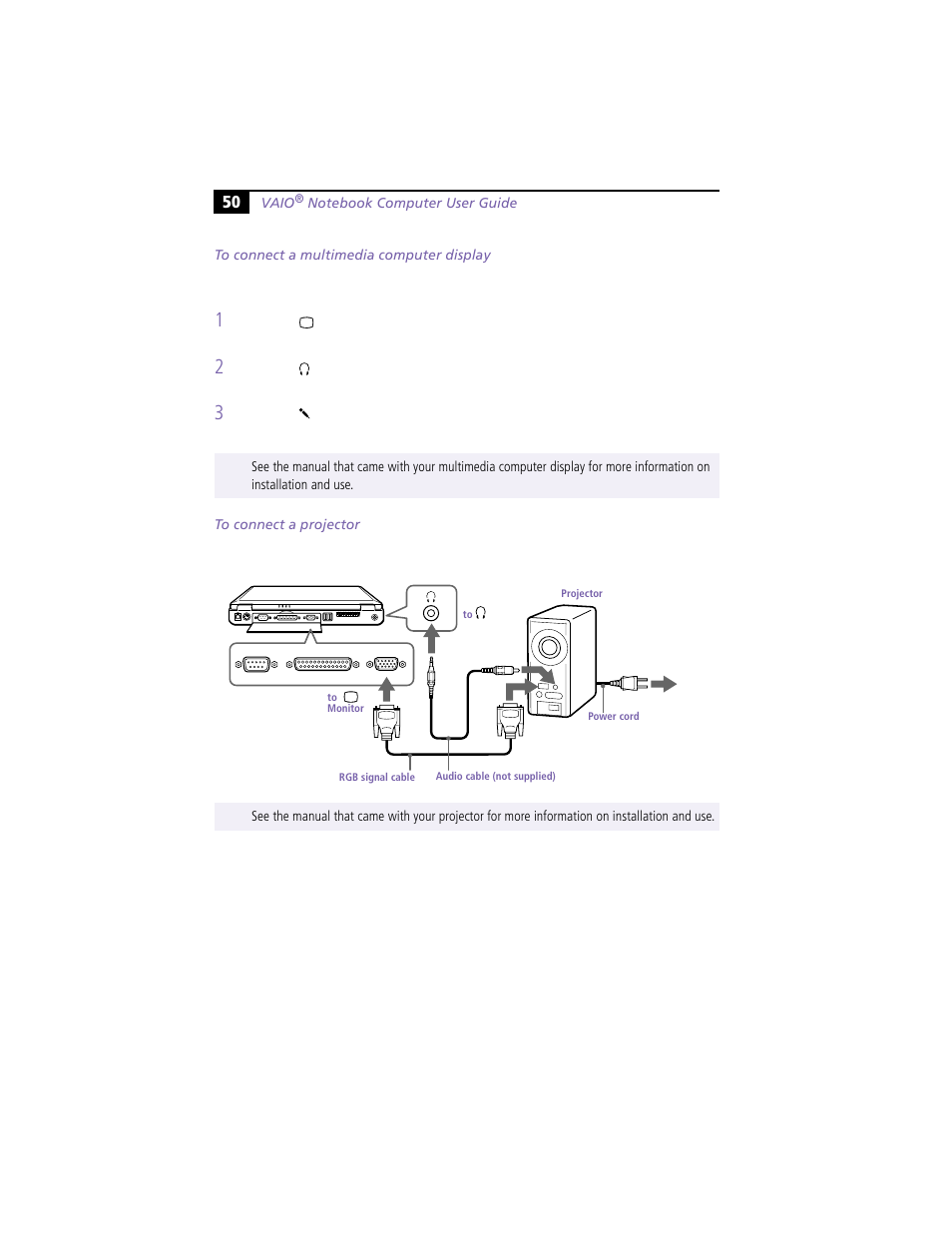 To connect a multimedia computer display, To connect a projector | Sony PCG-F390 User Manual | Page 60 / 97