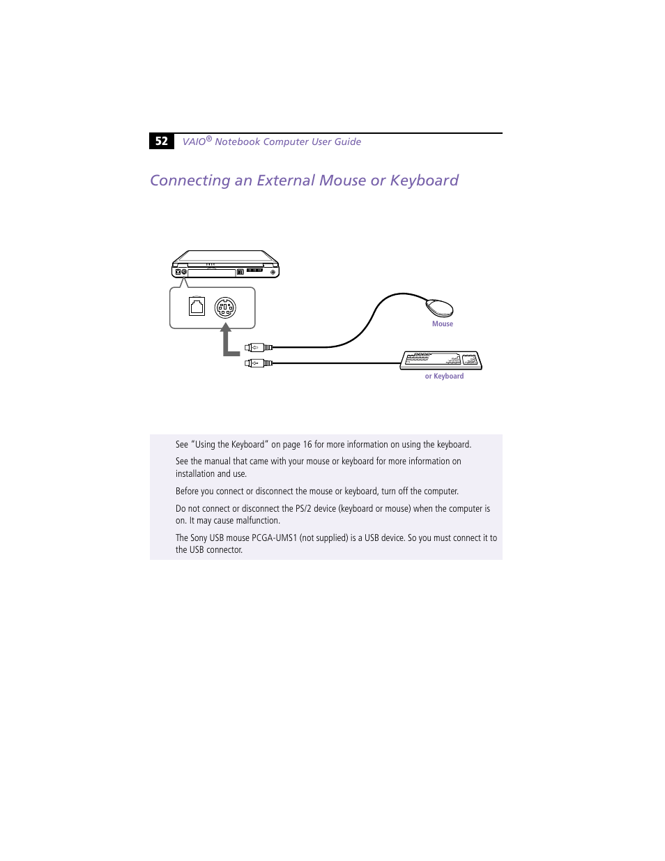 Connecting an external mouse or keyboard | Sony PCG-F390 User Manual | Page 62 / 97