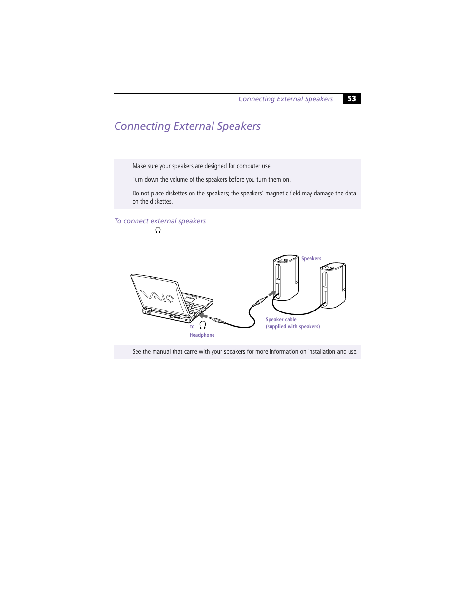 Connecting external speakers, To connect external speakers | Sony PCG-F390 User Manual | Page 63 / 97