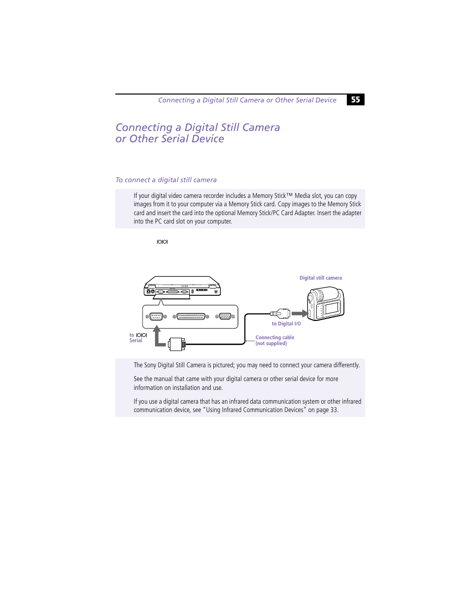 To connect a digital still camera | Sony PCG-F390 User Manual | Page 65 / 97