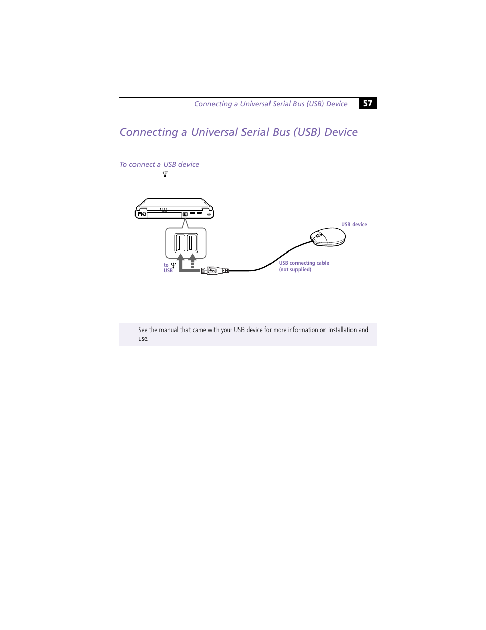 Connecting a universal serial bus (usb) device, To connect a usb device | Sony PCG-F390 User Manual | Page 67 / 97