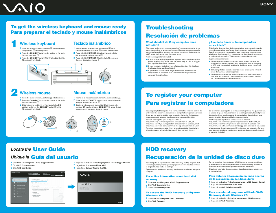 User guide, Guía del usuario, Locate the | Ubique la, Wireless keyboard, Wireless mouse, Teclado inalámbrico, Mouse inalámbrico | Sony VGC-RC320P User Manual | Page 2 / 2