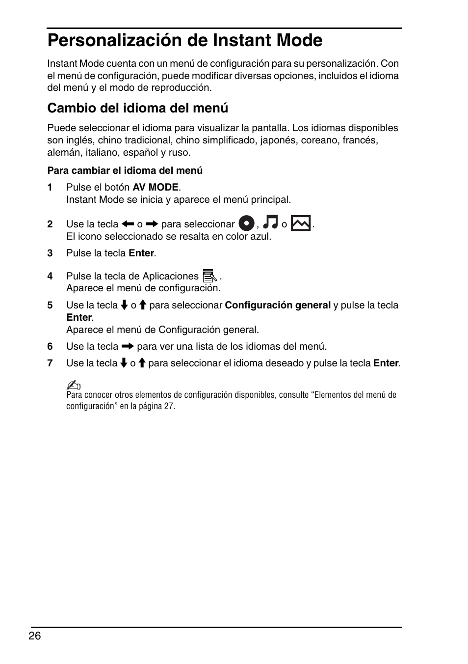 Personalización de instant mode, Cambio del idioma del menú | Sony VGN-CR203E User Manual | Page 28 / 68