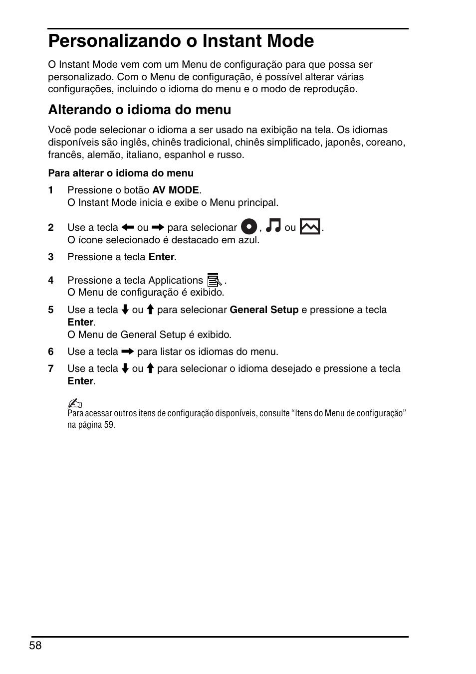 Personalizando o instant mode, Alterando o idioma do menu | Sony VGN-CR203E User Manual | Page 60 / 68