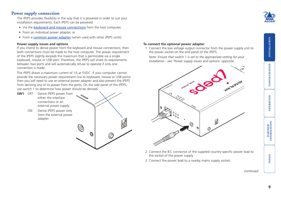 Power supply connection, Power supply, Adderlink | Adde r | Adder Technology AdderLink iPEPS User Manual | Page 10 / 69