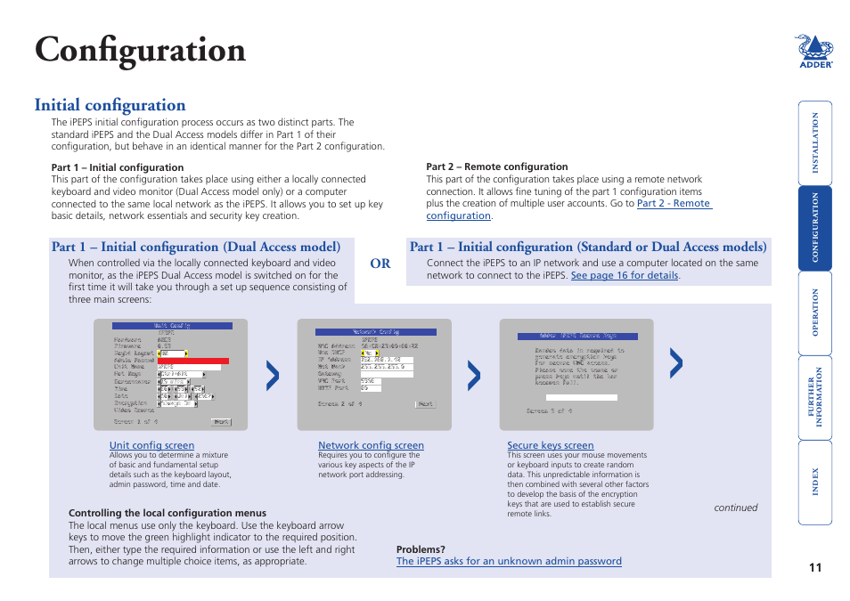 Configuration, Initial configuration, Part 1 – initial configuration (dual access model) | Adder Technology AdderLink iPEPS User Manual | Page 12 / 69