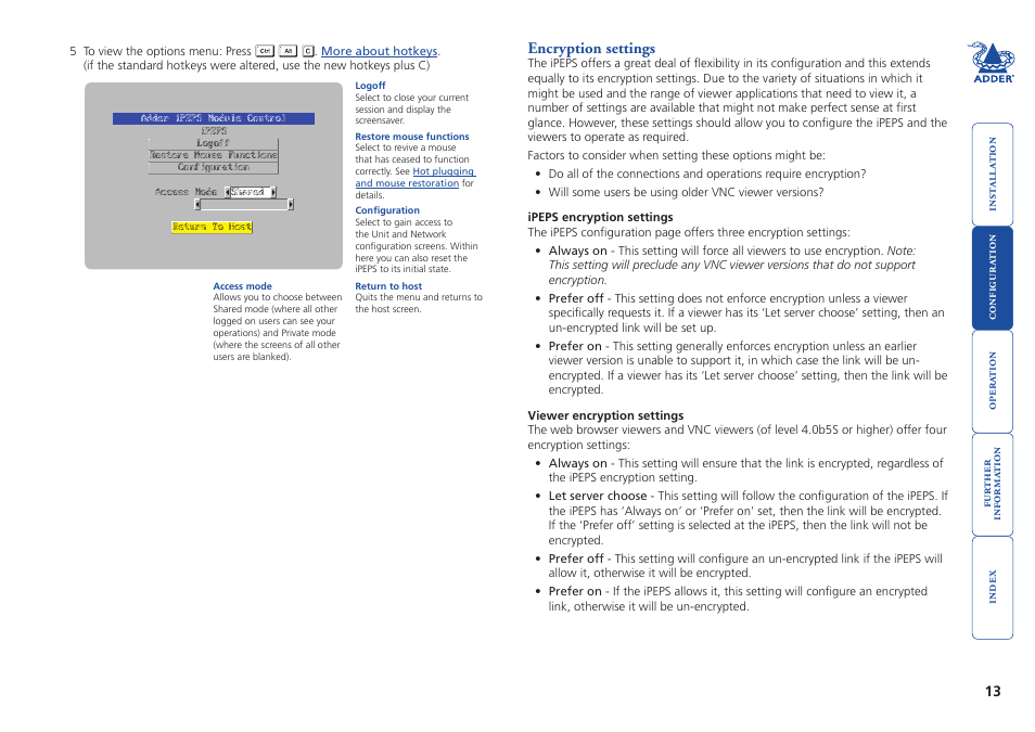 Encryption settings | Adder Technology AdderLink iPEPS User Manual | Page 14 / 69