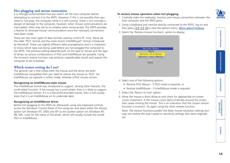 Hot plugging and mouse restoration, Hot plugging and mouse, Restoration | Section for more, Hot plugging, And mouse restoration | Adder Technology AdderLink iPEPS User Manual | Page 15 / 69