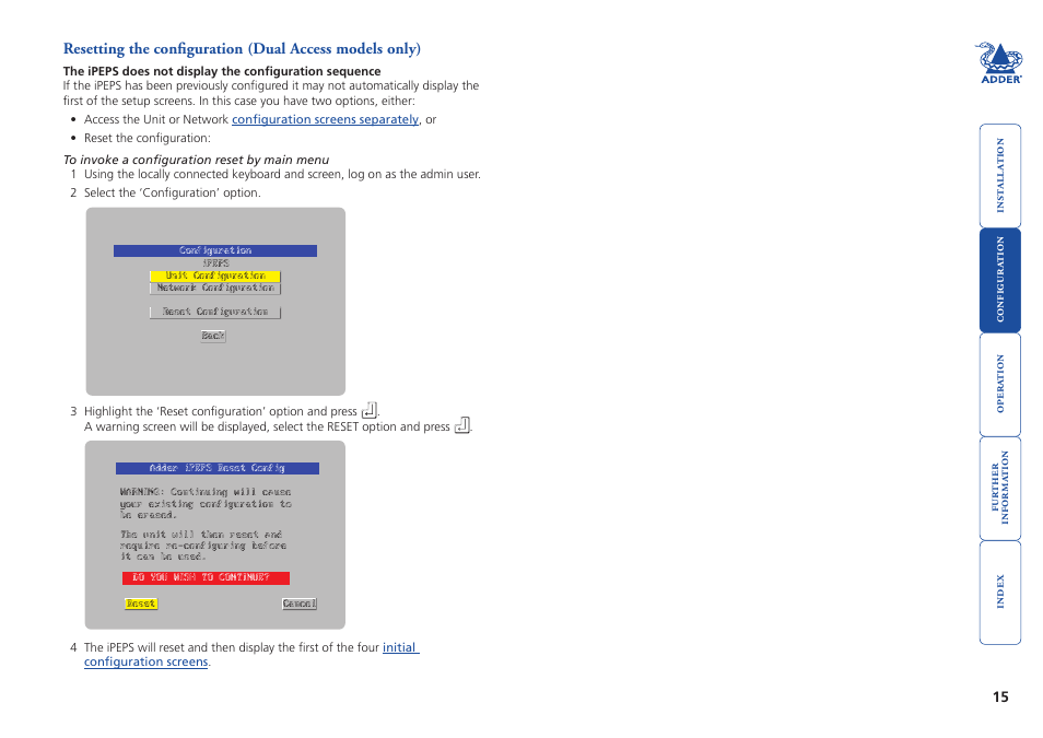 Resetting the configuration (dual access models), The ipeps asks for an unknown admin password | Adder Technology AdderLink iPEPS User Manual | Page 16 / 69