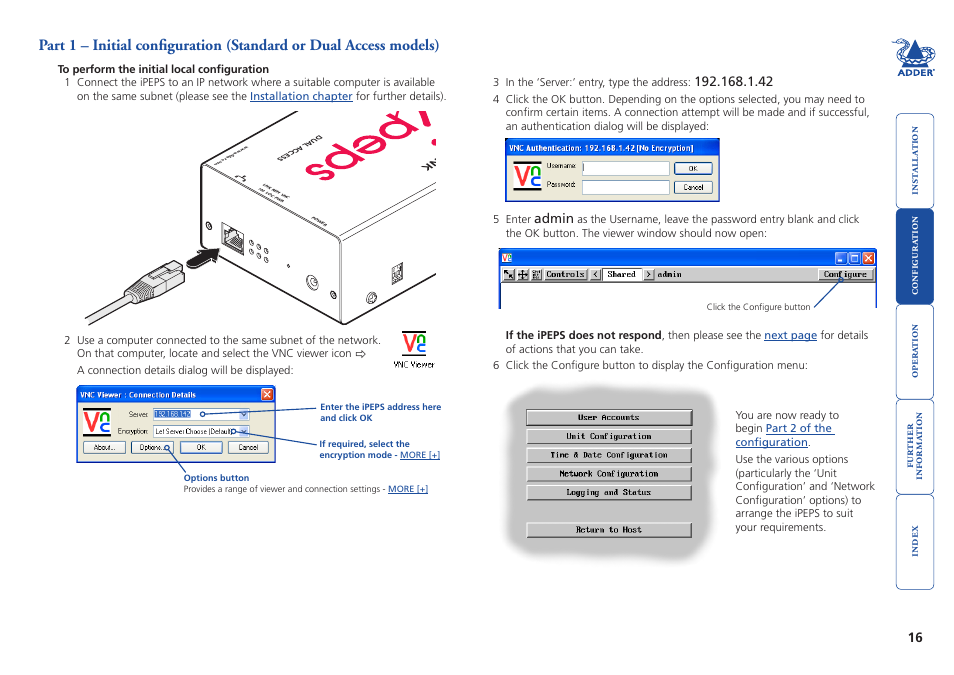 Part 1 – initial configuration (standard model), Adde r, Admin | Adder Technology AdderLink iPEPS User Manual | Page 17 / 69