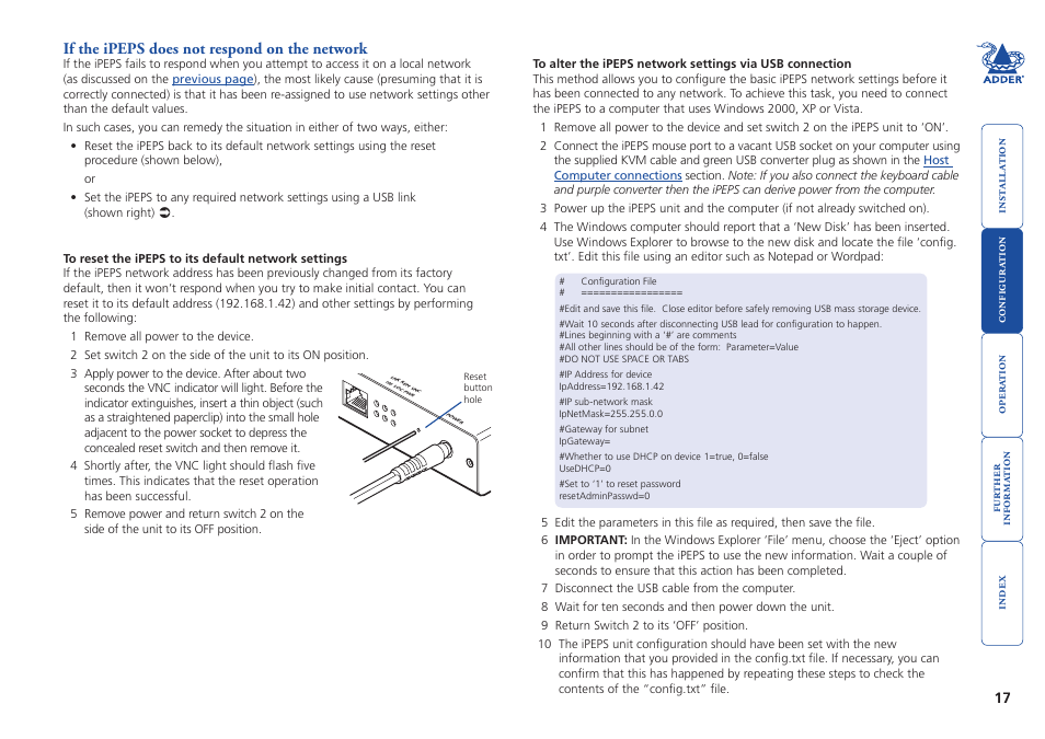 If the ipeps does not respond on the network, Then please see the | Adder Technology AdderLink iPEPS User Manual | Page 18 / 69