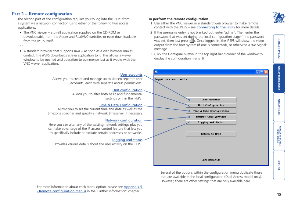 Part 2 – remote configuration, Part 2 - remote, Configuration | Part 2 of the | Adder Technology AdderLink iPEPS User Manual | Page 19 / 69