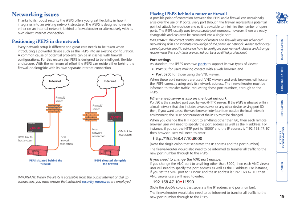 Networking issues, Positioning ipeps in the network, Placing ipeps behind a router or firewall | Efer to, Within the network - see, Networking, Issues, Network. see | Adder Technology AdderLink iPEPS User Manual | Page 20 / 69