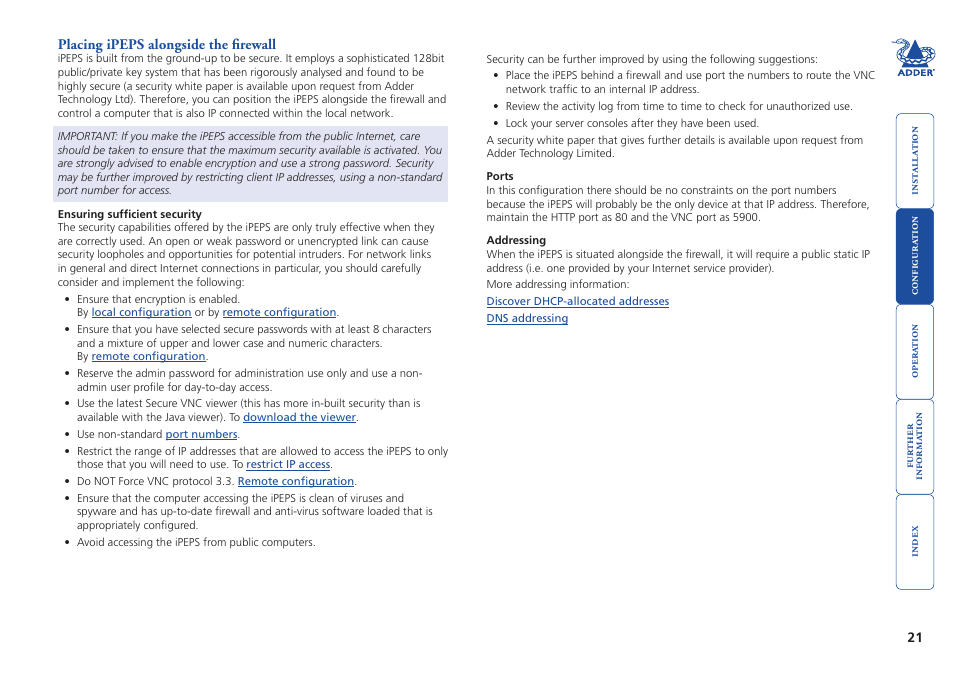 Placing ipeps alongside the firewall, Security measures | Adder Technology AdderLink iPEPS User Manual | Page 22 / 69