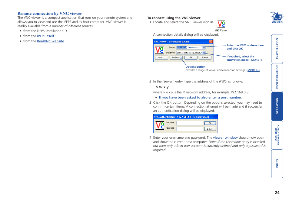 Remote connection by vnc viewer, Viewer | Adder Technology AdderLink iPEPS User Manual | Page 25 / 69
