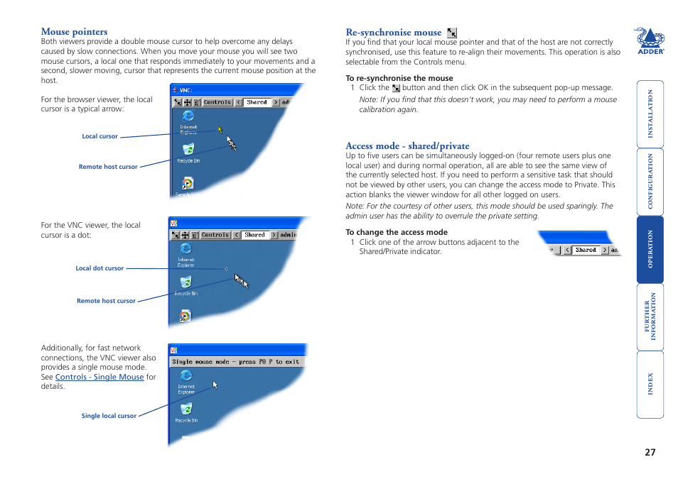 Mouse pointers, Re-synchronise mouse, Access mode - shared/private | Mouse pointers re-synchronise mouse, Re-sync mouse, Access mode | Adder Technology AdderLink iPEPS User Manual | Page 28 / 69