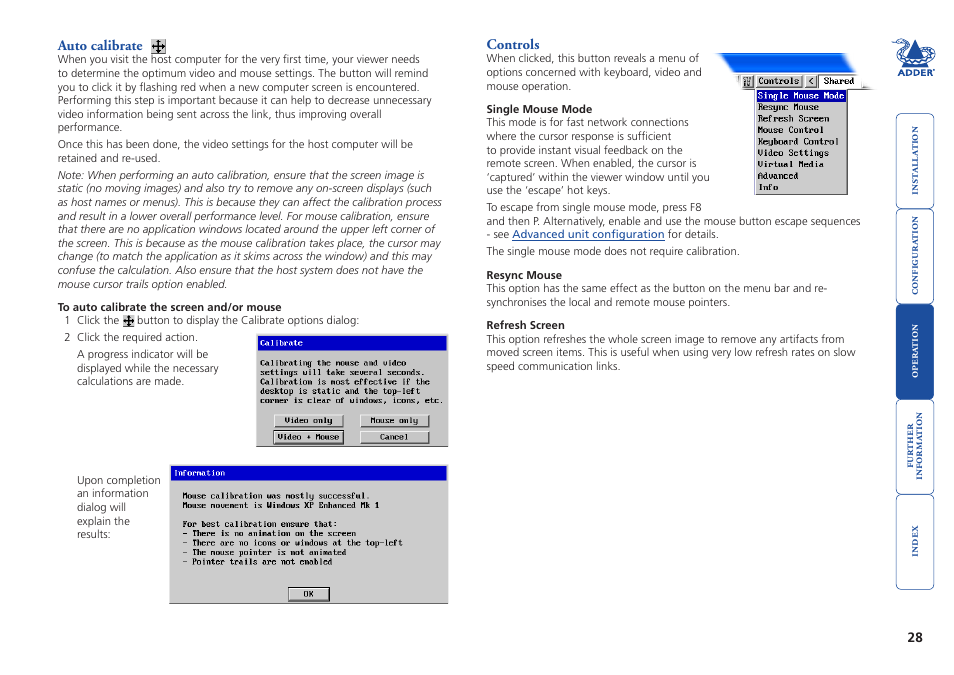 Auto calibrate, Controls, For important information about this featur | Een’ option. see, Controls - single mouse | Adder Technology AdderLink iPEPS User Manual | Page 29 / 69