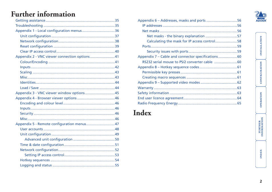 Further information, Index | Adder Technology AdderLink iPEPS User Manual | Page 3 / 69