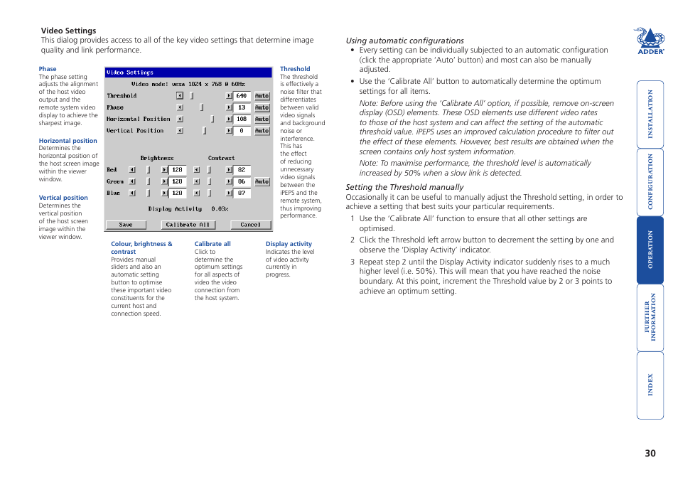 E that the video, Threshold setting | Adder Technology AdderLink iPEPS User Manual | Page 31 / 69