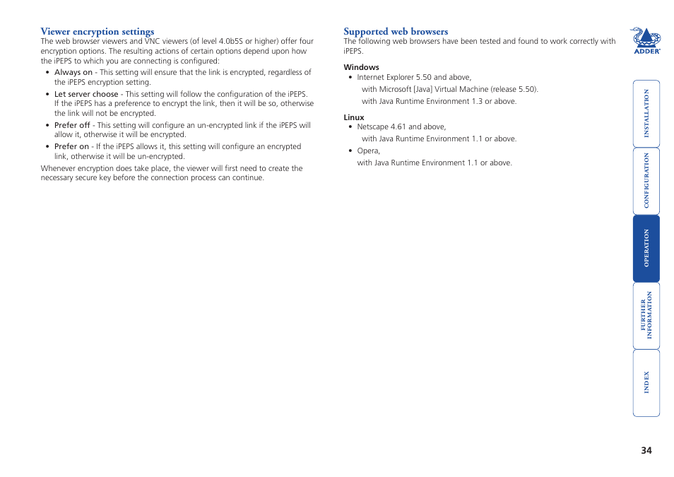 Viewer encryption settings, Supported web browsers, Viewer encryption settings supported web browsers | Encryption mode - more, More, Supported versions | Adder Technology AdderLink iPEPS User Manual | Page 35 / 69