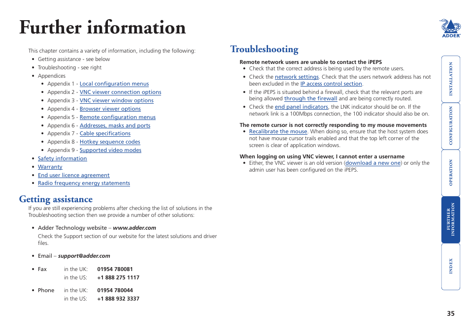 Further information, Getting assistance, Troubleshooting | Getting assistance troubleshooting | Adder Technology AdderLink iPEPS User Manual | Page 36 / 69