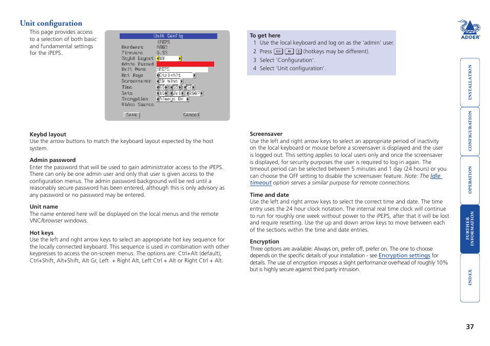 Unit configuration, More about hotkeys, Local configuration | Or by | Adder Technology AdderLink iPEPS User Manual | Page 38 / 69